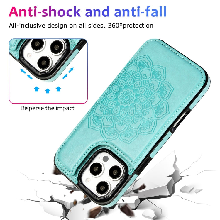 For iPhone 16 Pro Double Buckle Mandala Leather Wallet Back Cover Phone Case
