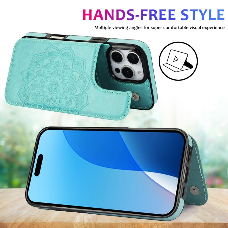 For iPhone 16 Pro Double Buckle Mandala Leather Wallet Back Cover Phone Case