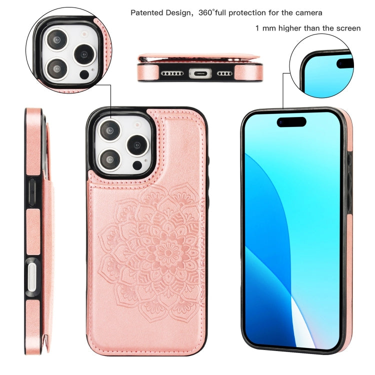 For iPhone 16 Pro Double Buckle Mandala Leather Wallet Back Cover Phone Case