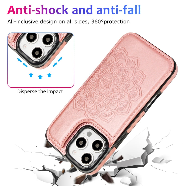 For iPhone 16 Pro Double Buckle Mandala Leather Wallet Back Cover Phone Case