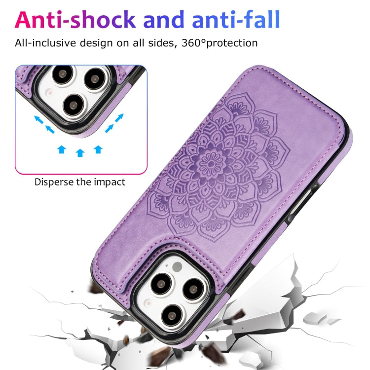 For iPhone 16 Pro Double Buckle Mandala Leather Wallet Back Cover Phone Case