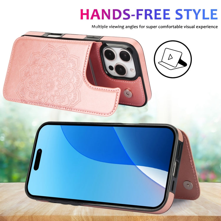 For iPhone 16 Pro Max Double Buckle Mandala Leather Wallet Back Cover Phone Case