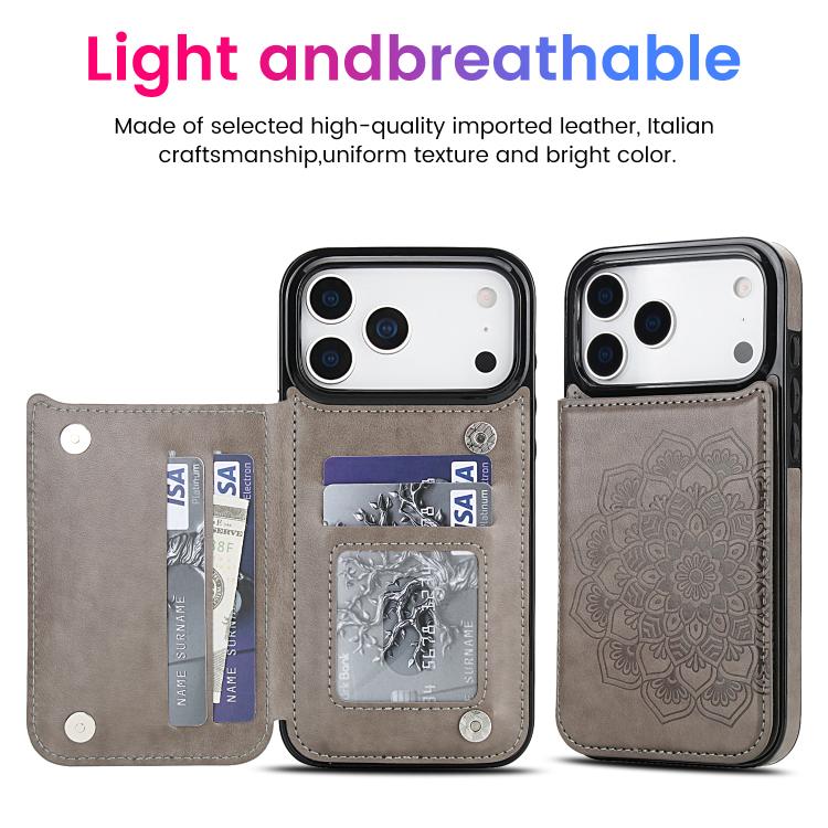 For iPhone 17 Pro Double Buckle Mandala Leather Wallet Back Cover Phone Case