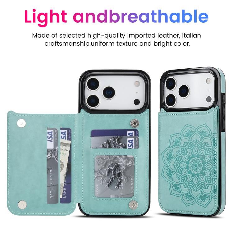 For iPhone 17 Pro Double Buckle Mandala Leather Wallet Back Cover Phone Case