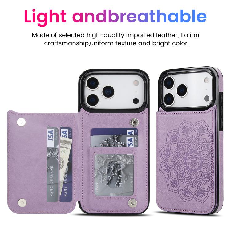 For iPhone 17 Pro Double Buckle Mandala Leather Wallet Back Cover Phone Case