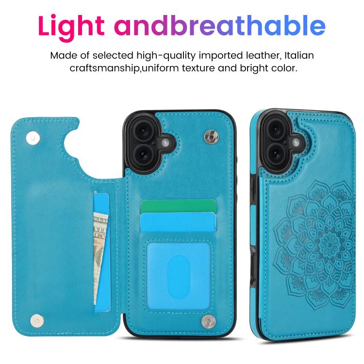 For iPhone 17 Double Buckle Mandala Leather Wallet Back Cover Phone Case