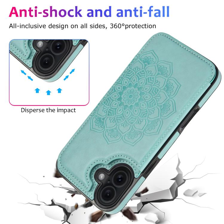 For iPhone 17 Double Buckle Mandala Leather Wallet Back Cover Phone Case