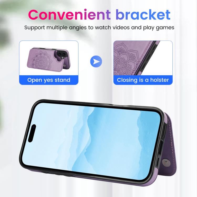 For iPhone 17 Double Buckle Mandala Leather Wallet Back Cover Phone Case