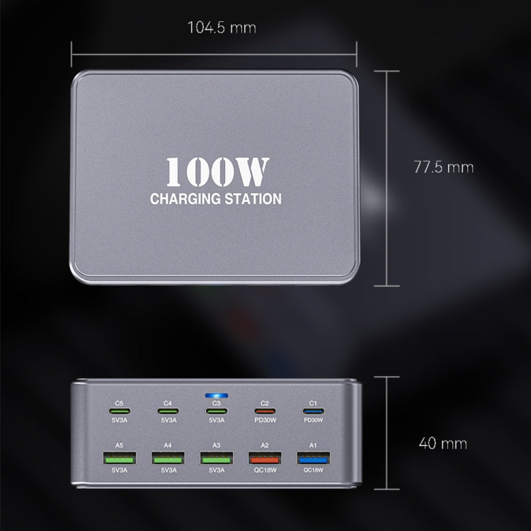 HW33 100W Type-C + USB 10-Port Desktop Fast Charger, Plug Type:EU Plug