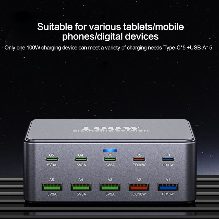 HW33 100W Type-C + USB 10-Port Desktop Fast Charger, Plug Type:EU Plug