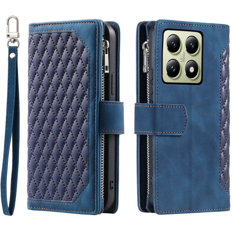 For Xiaomi 14T Grid Texture Zipper Leather Phone Case with Lanyard