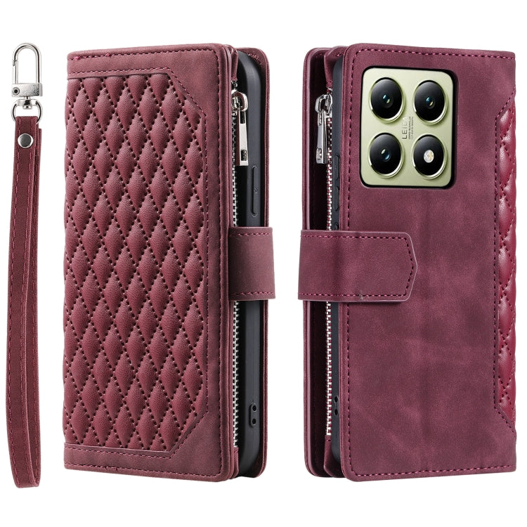 For Xiaomi 14T Grid Texture Zipper Leather Phone Case with Lanyard