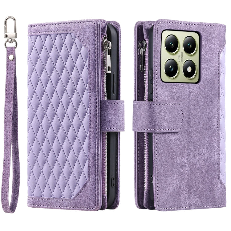 For Xiaomi 14T Pro Grid Texture Zipper Leather Phone Case with Lanyard