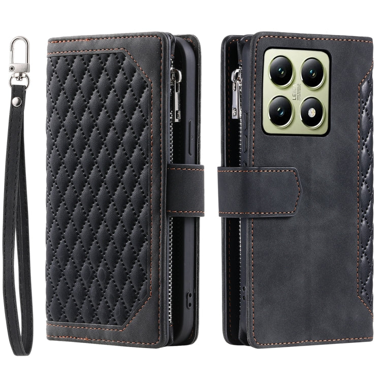 For Xiaomi 14T Pro Grid Texture Zipper Leather Phone Case with Lanyard