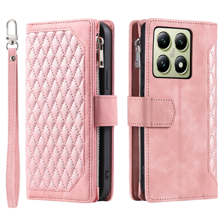For Xiaomi 14T Pro Grid Texture Zipper Leather Phone Case with Lanyard