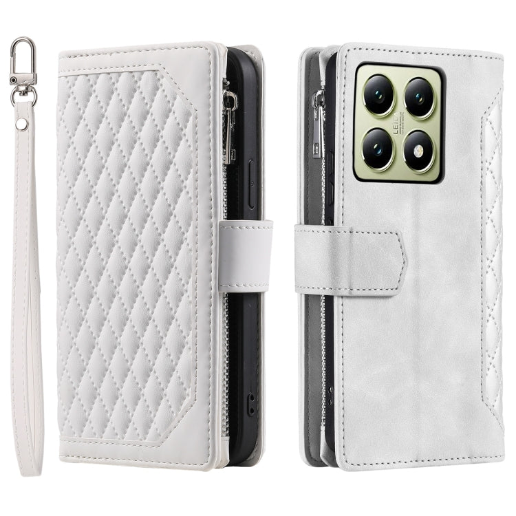 For Xiaomi 14T Pro Grid Texture Zipper Leather Phone Case with Lanyard