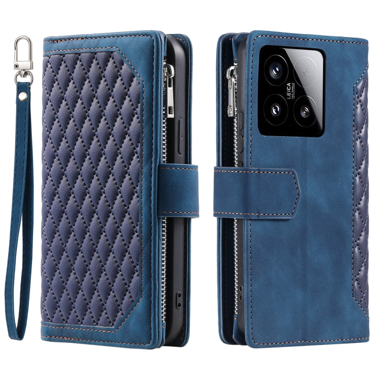 For Xiaomi 15 Grid Texture Zipper Leather Phone Case with Lanyard