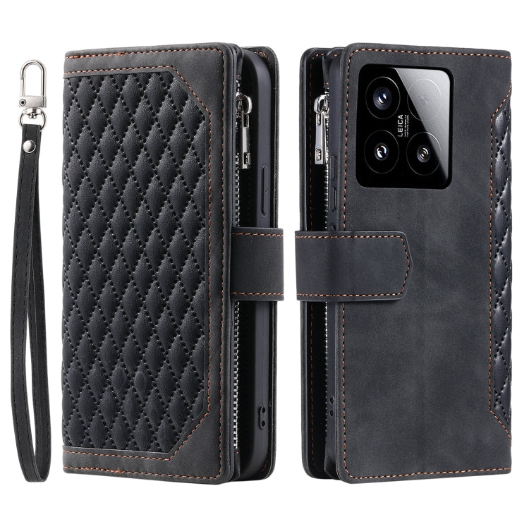 For Xiaomi 15 Grid Texture Zipper Leather Phone Case with Lanyard