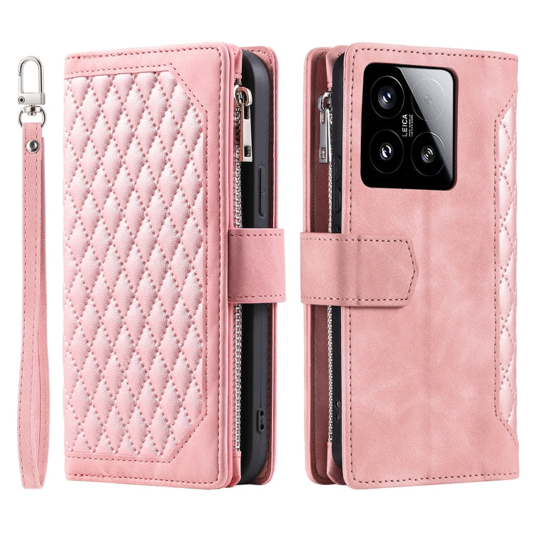 For Xiaomi 15 Grid Texture Zipper Leather Phone Case with Lanyard