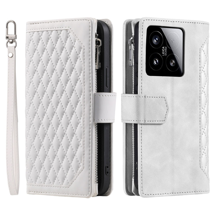 For Xiaomi 15 Grid Texture Zipper Leather Phone Case with Lanyard