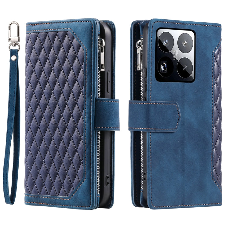 For Xiaomi 15 Pro Grid Texture Zipper Leather Phone Case with Lanyard