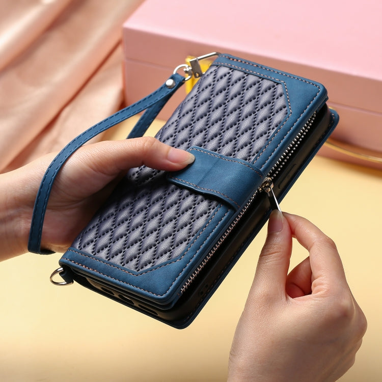 For Xiaomi 15 Pro Grid Texture Zipper Leather Phone Case with Lanyard