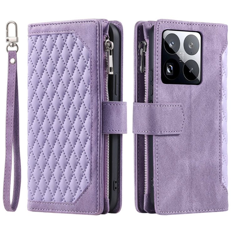 For Xiaomi 15 Pro Grid Texture Zipper Leather Phone Case with Lanyard