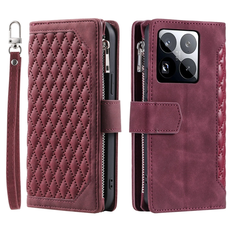 For Xiaomi 15 Pro Grid Texture Zipper Leather Phone Case with Lanyard