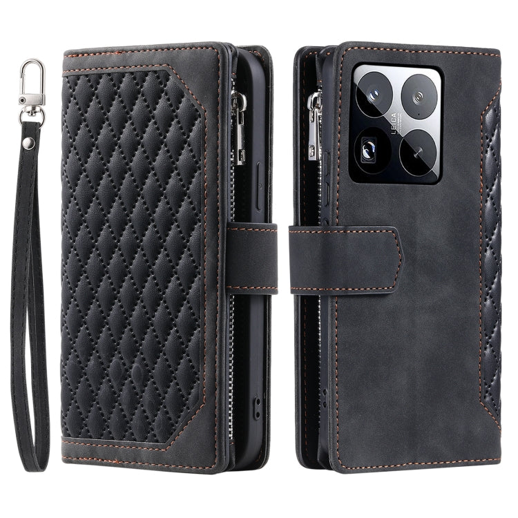 For Xiaomi 15 Pro Grid Texture Zipper Leather Phone Case with Lanyard