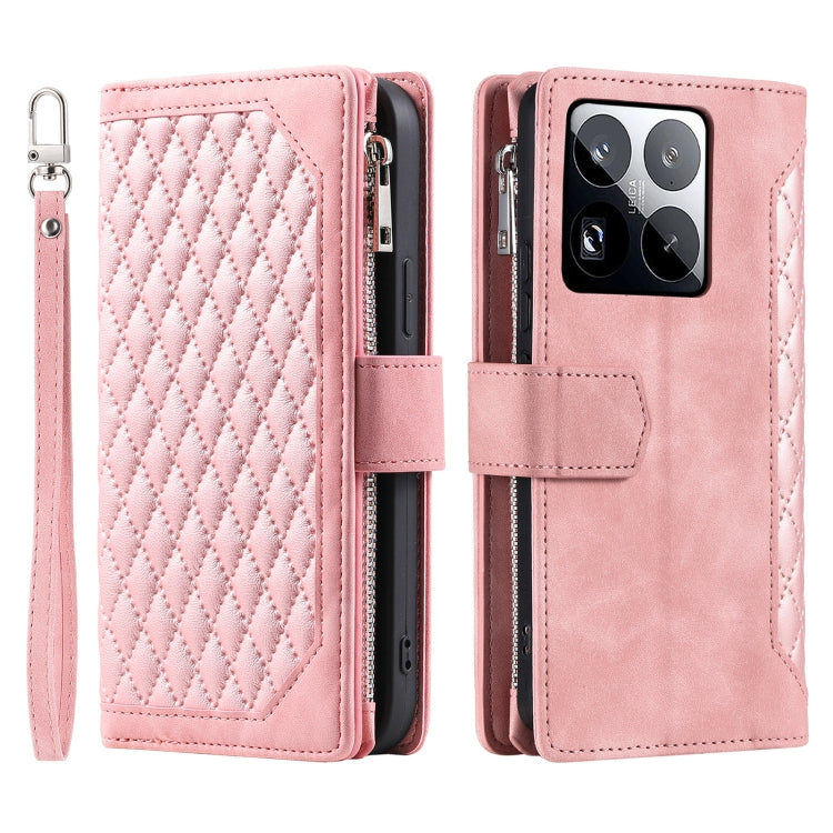 For Xiaomi 15 Pro Grid Texture Zipper Leather Phone Case with Lanyard