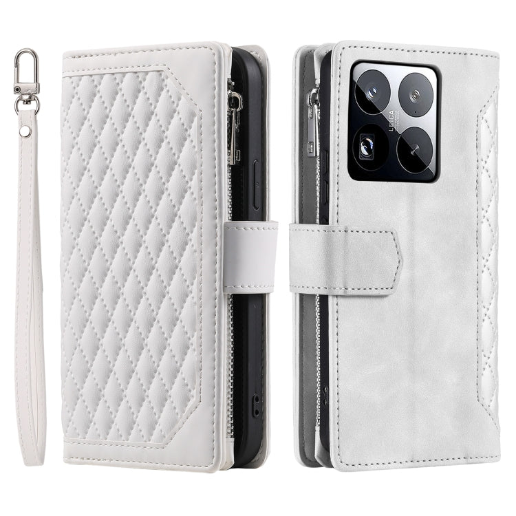 For Xiaomi 15 Pro Grid Texture Zipper Leather Phone Case with Lanyard