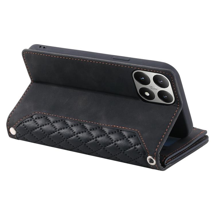 For Xiaomi 15T Grid Texture Zipper Leather Phone Case with Lanyard
