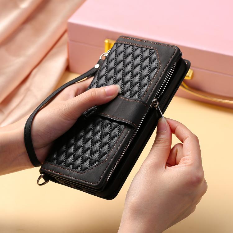For Xiaomi 15T Grid Texture Zipper Leather Phone Case with Lanyard