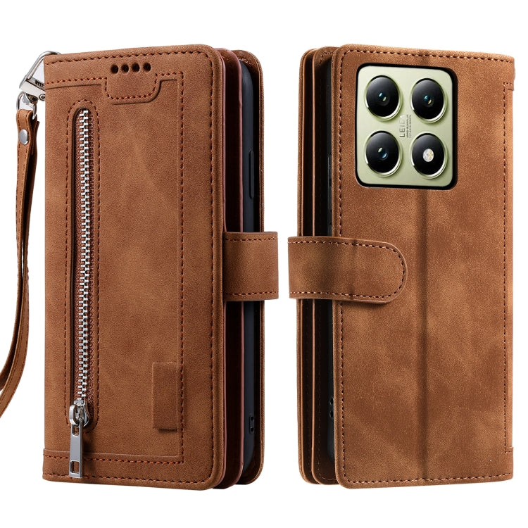 For Xiaomi 14T Pro Nine Card Zipper Bag Leather Phone Case with Lanyard