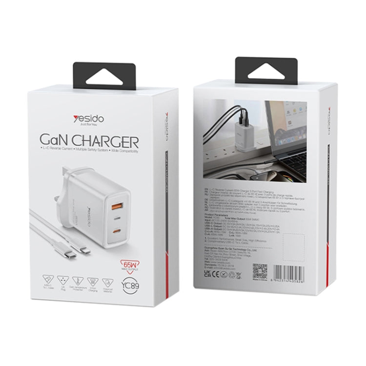 Yesido YC89 65W Type-C, USB, 8 Pin Reverse GaN Fast Charger with Type-C to 8 Pin Cable - UK Plug