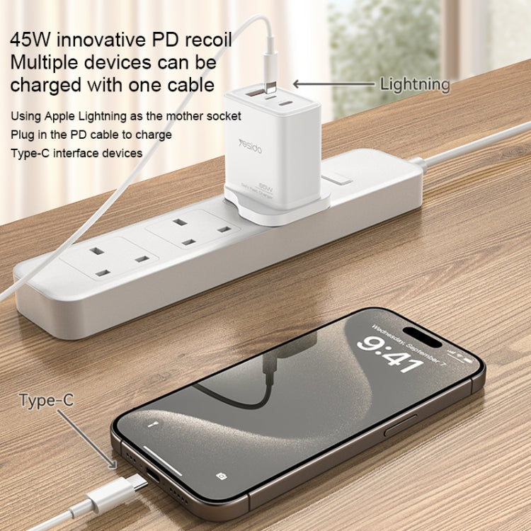 Yesido YC89 65W Type-C, USB, 8 Pin Reverse GaN Fast Charger with Type-C to 8 Pin Cable - UK Plug