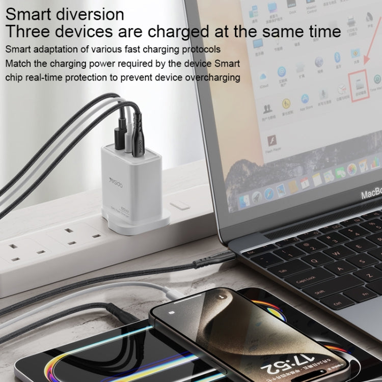 Yesido YC89 65W Type-C, USB, 8 Pin Reverse GaN Fast Charger with Type-C to 8 Pin Cable - UK Plug