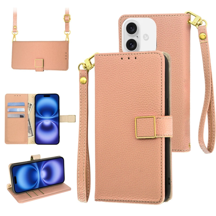 For iPhone 16 Plus Crossbody Litchi Texture Square Buckle Leather Phone Case