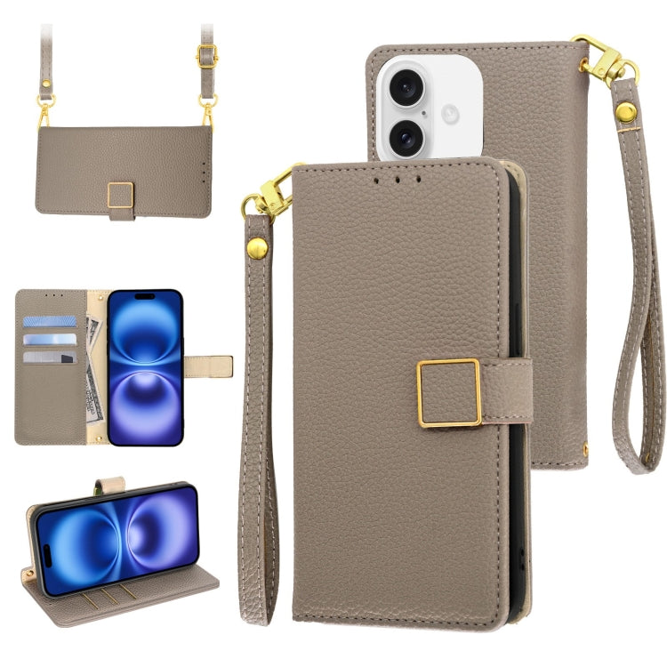 For iPhone 16 Plus Crossbody Litchi Texture Square Buckle Leather Phone Case