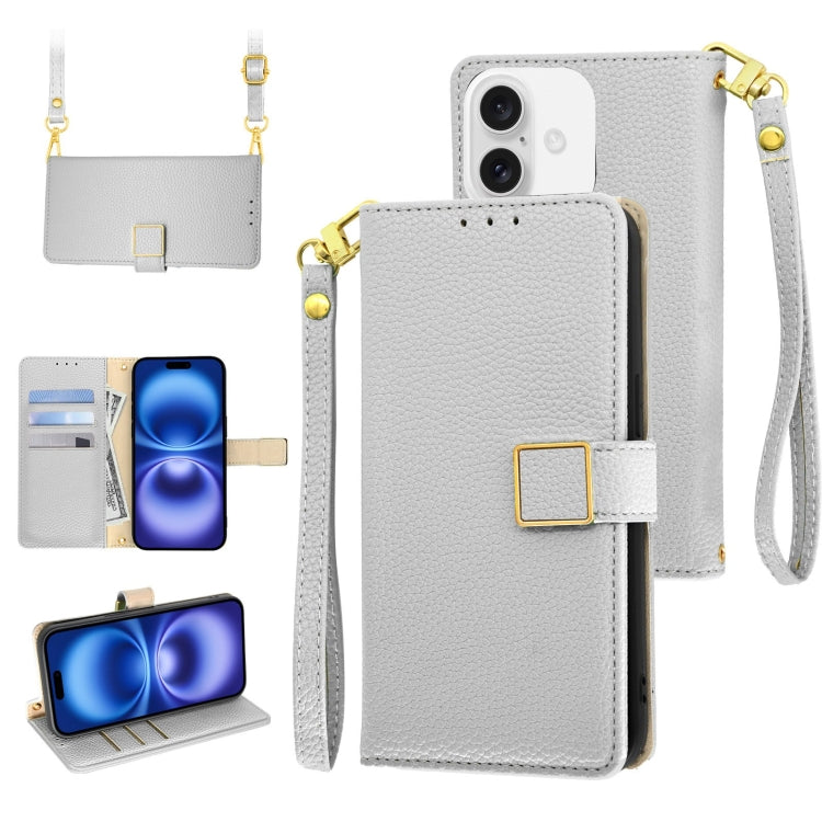 For iPhone 16 Crossbody Litchi Texture Square Buckle Leather Phone Case