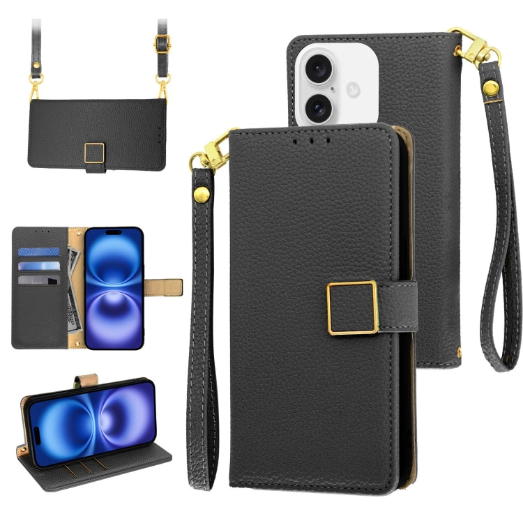 For iPhone 16 Crossbody Litchi Texture Square Buckle Leather Phone Case