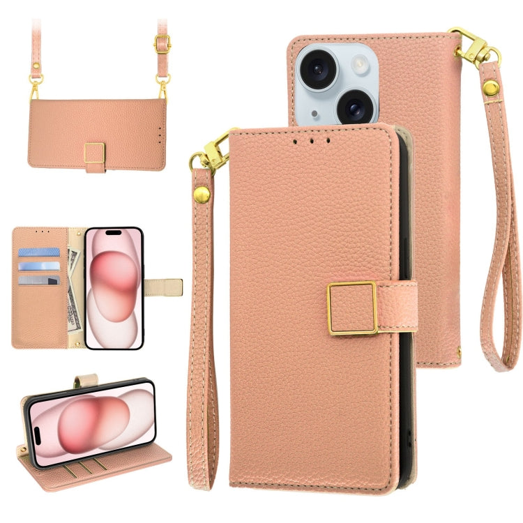 For iPhone 15 Crossbody Litchi Texture Square Buckle Leather Phone Case