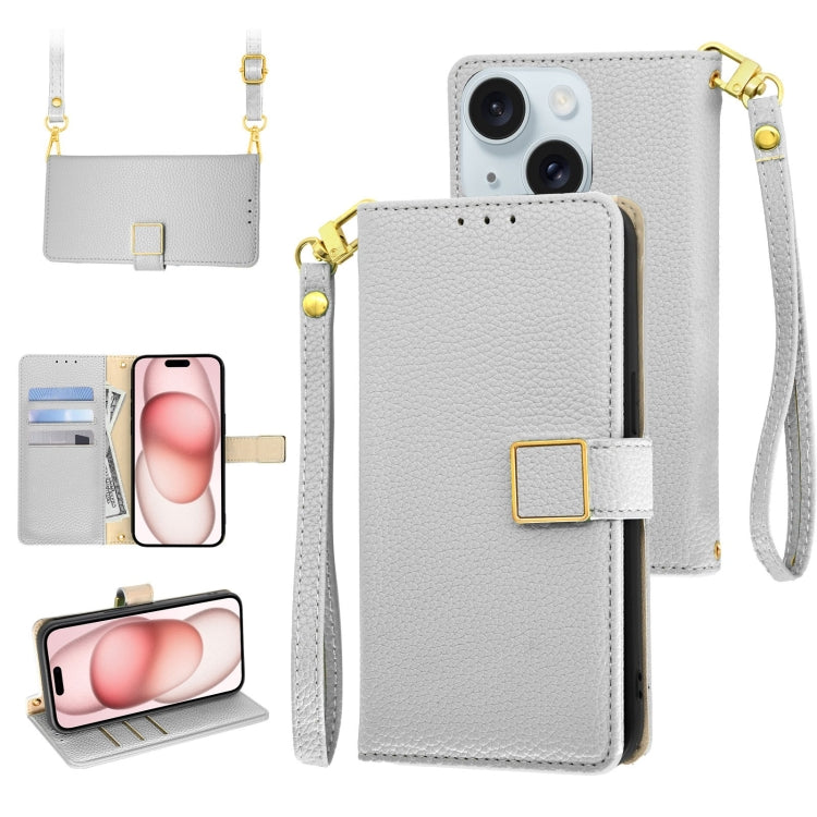 For iPhone 15 Crossbody Litchi Texture Square Buckle Leather Phone Case