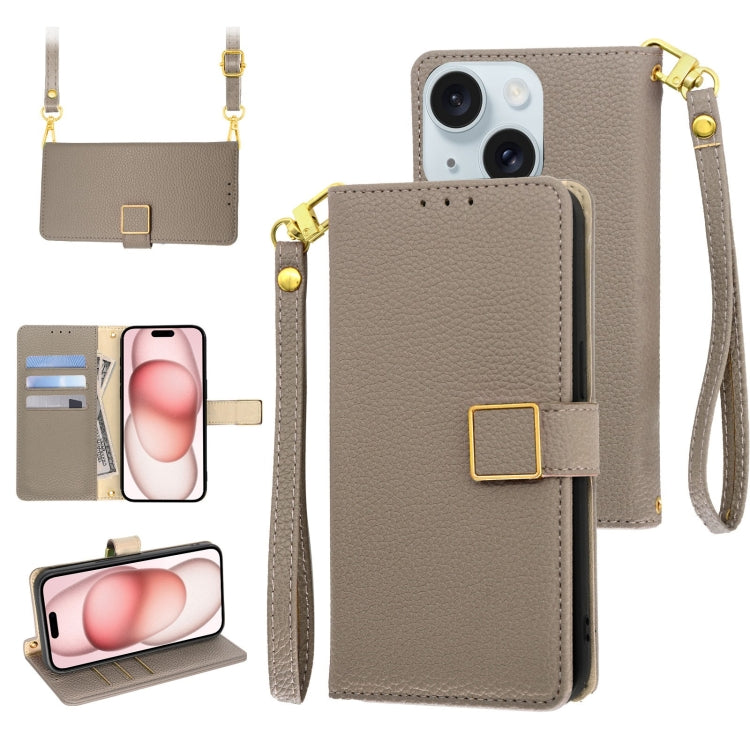 For iPhone 15 Crossbody Litchi Texture Square Buckle Leather Phone Case