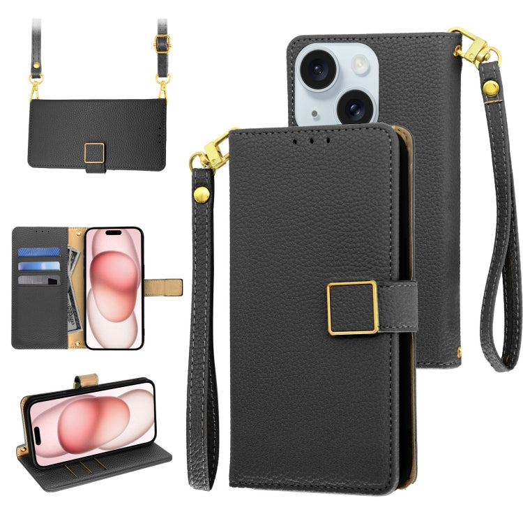 For iPhone 15 Crossbody Litchi Texture Square Buckle Leather Phone Case
