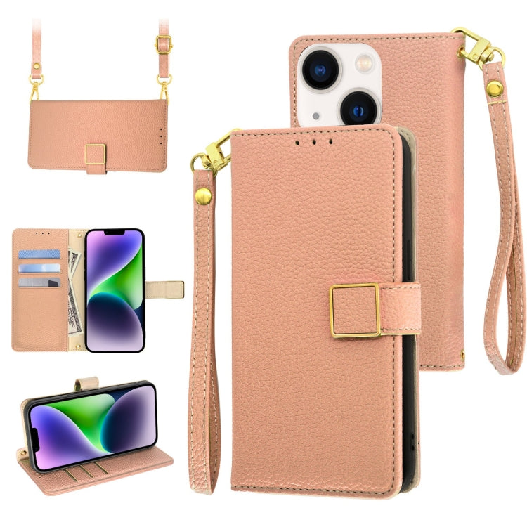 For iPhone 14 Plus Crossbody Litchi Texture Square Buckle Leather Phone Case
