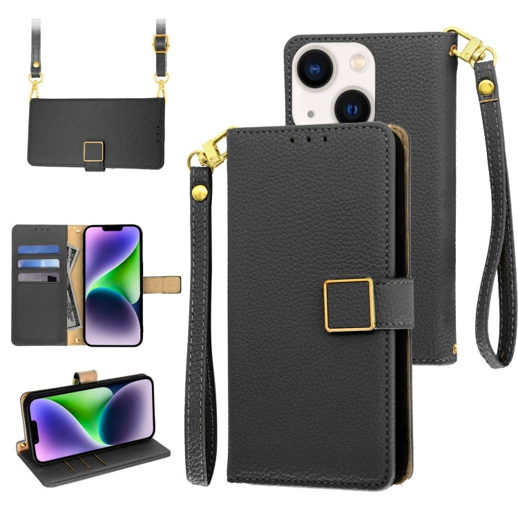 For iPhone 14 Plus Crossbody Litchi Texture Square Buckle Leather Phone Case