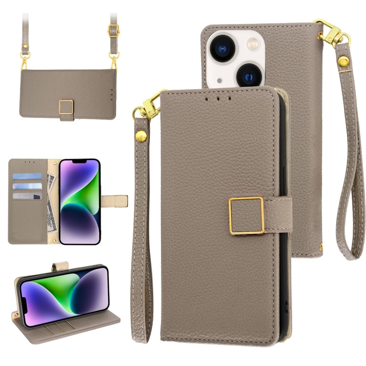 For iPhone 14 Crossbody Litchi Texture Square Buckle Leather Phone Case