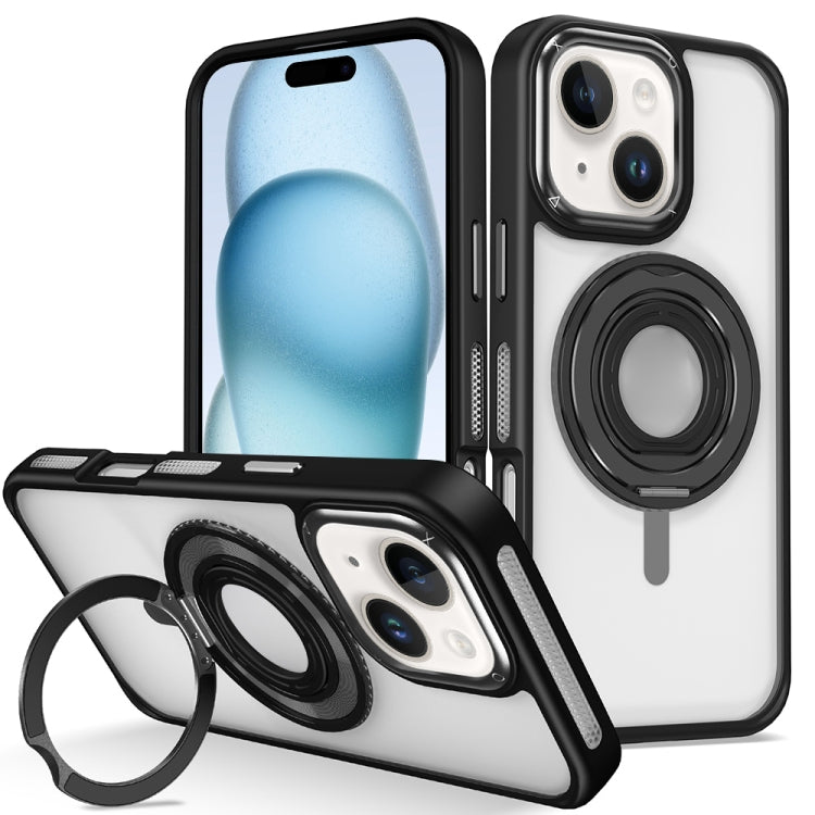 For iPhone 15 Skin Feel Transparent 360 Degree Rotating Silicone Ring Holder Phone Case