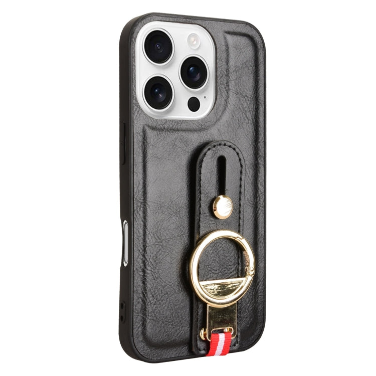 For iPhone 16 Pro Max Wristband Leather Back Phone Case